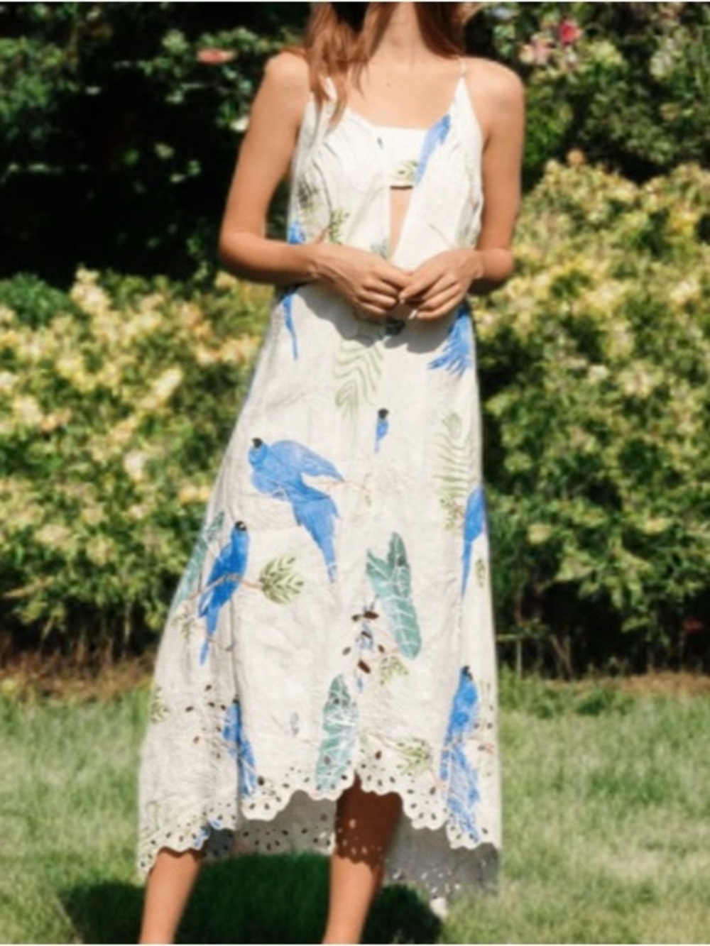 RARE Farm Rio Linen Parrot & Floral Print Embroidered Maxi Dress Oversized Sz S - Picture 5 of 12
